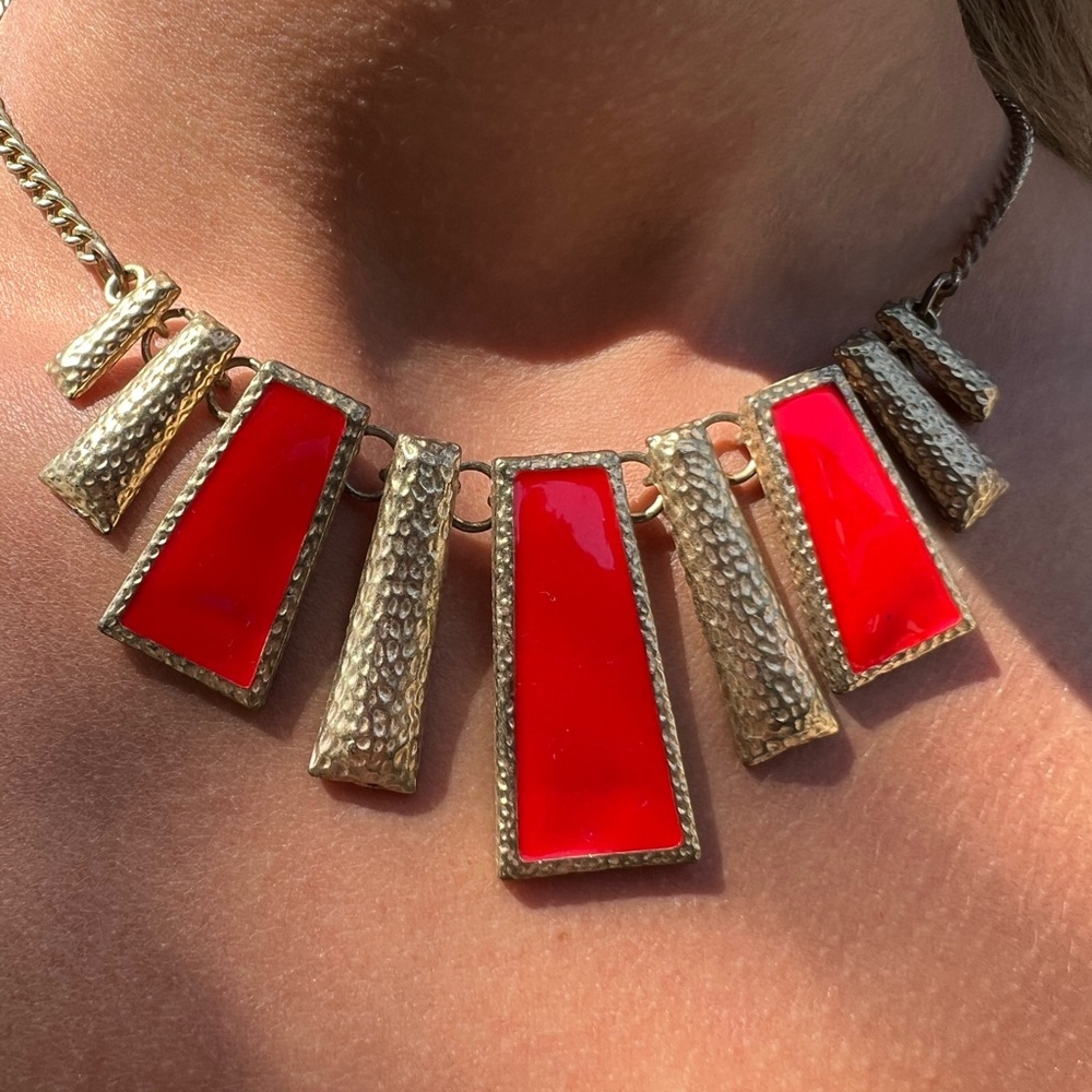 Vintage Retro Gold Tone and Red Statement Necklace